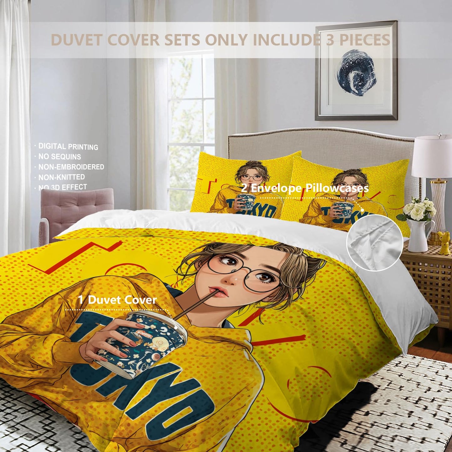 BaoNews Anime Art Digital 100% Cotton Duvet Cover Set Full Size, Hoodie Fashion Drink Bedding Sets Soft Comforter Cover with Zipper Closure and 2 Pillowcases(No Filler)