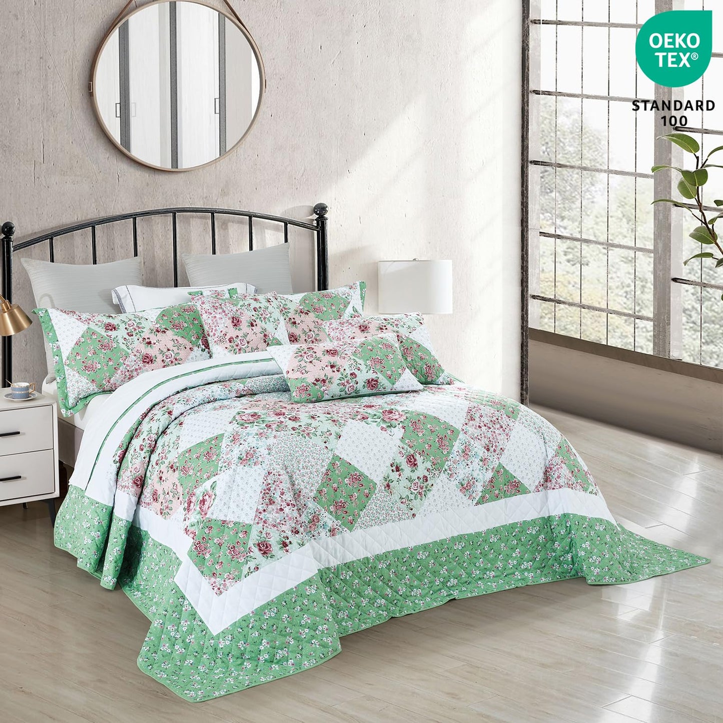 DaisyHuang Oversized King Bedspread 128x120 Extra Wide, Farmhouse Patchwork Floral Quilt Bedding Cover, Reversible, 6 Piece, 100% Microfiber, King/California King, Rose