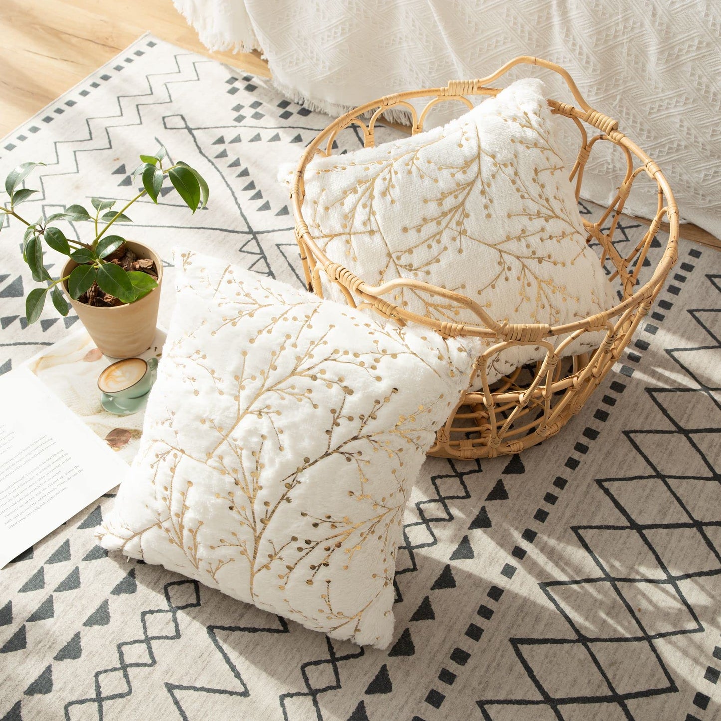 LIGICKY Set of 2 White Fluffy Pillow Covers Faux Fur with Gold Branches Glitter Throw Pillows Decorative Soft Furry Sparkling Square Cushion Cases for Sofa Bedroom Party Decor 12x12 inch (Two-Sided)