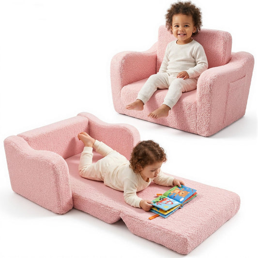 Toddler Couch 2-in-1 Fold Out Toddler Chairs, Soft Comfy Lounger with Washable Cover Pocket, Kids Sofa for Reading, Perfect for Bedroom, Playroom, Living Room, Gift for Girls Boys Age 1-3, Pink