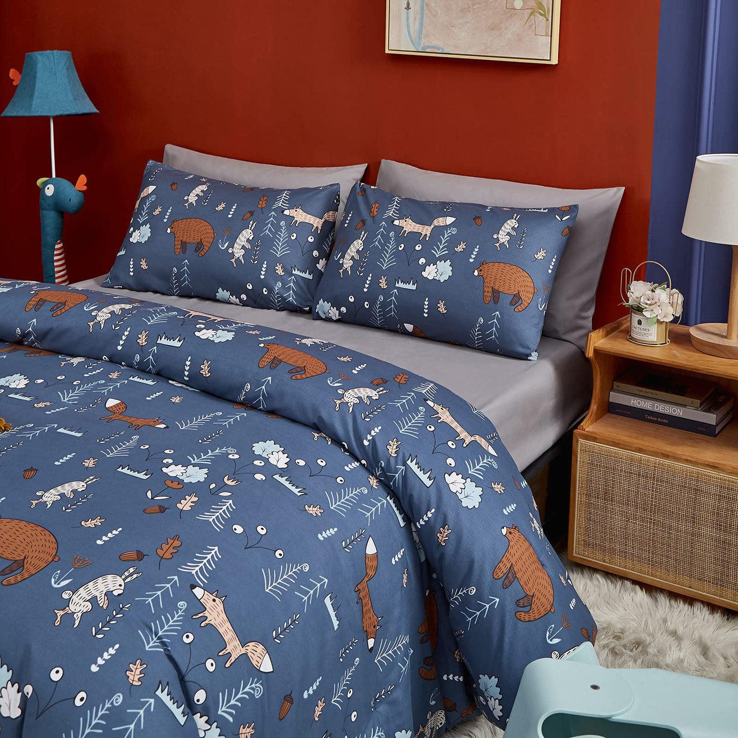 CLOTHKNOW Blue Animal Queen Duvet Cover Set Cartoon Bedding Duvet Cover Sets Forest Woodland Bedding Queen Rabbit Comforter Cover with 2 x Pillow Cases