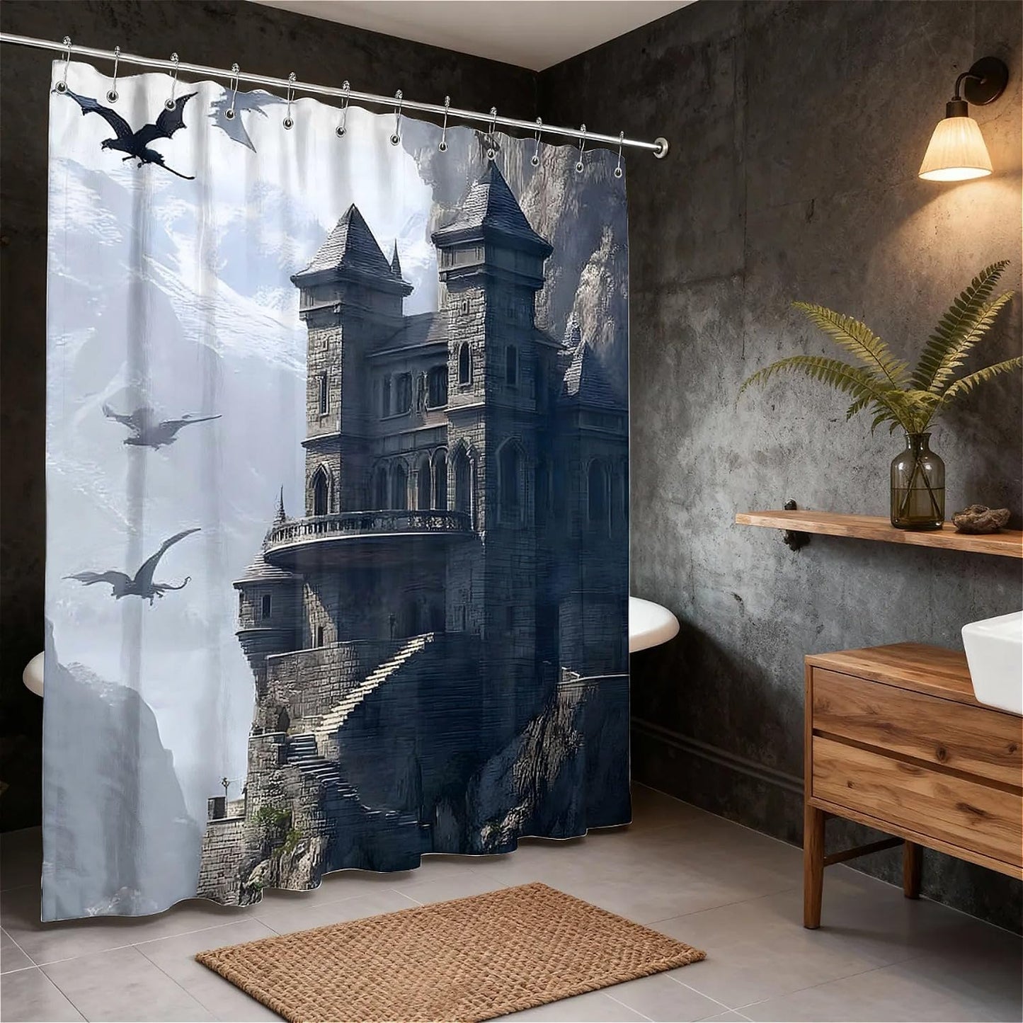 TANGXUNFA Pterosaur Castle Shower Curtain for Bathroom, Water-Resistant Long Shower Curtain Set 72x72 Inch with Metal Grommets and 12 Metal Hooks