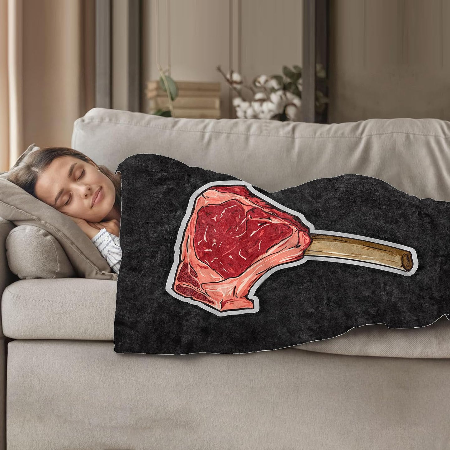 Plistiz Meat Lovers Throw Blanket 50"x60", Steak Print Theme Blankets for Living Room Couch, Home Decor, Soft Flannel Food Gifts for Adults and Men
