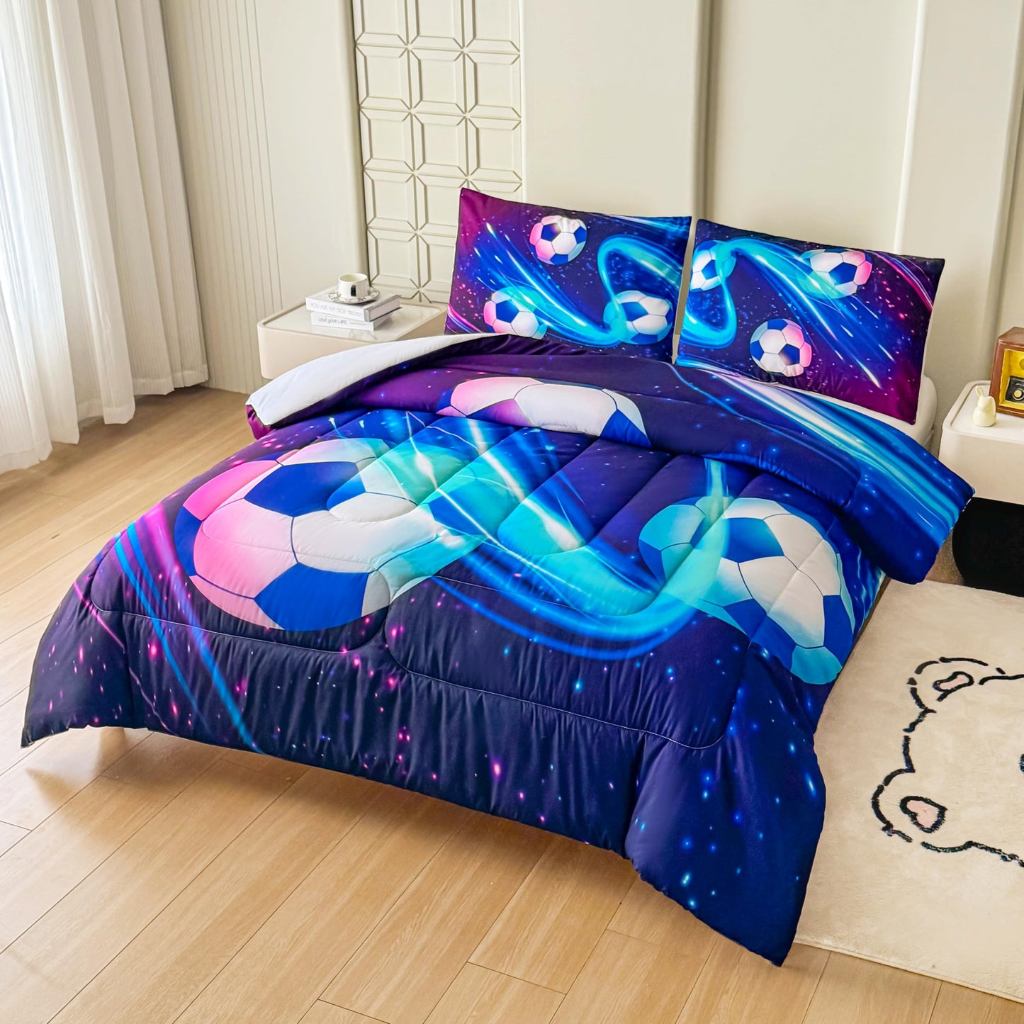 Peopleareok Soccer Comforter Set Twin (68x86 Inch), Purple Blue Soccer Theme Comforter, Sports Soccer Bedding, 2 Pieces Soft Microfiber Football Bedding Set for Boys Kids with 1 Pillowcases