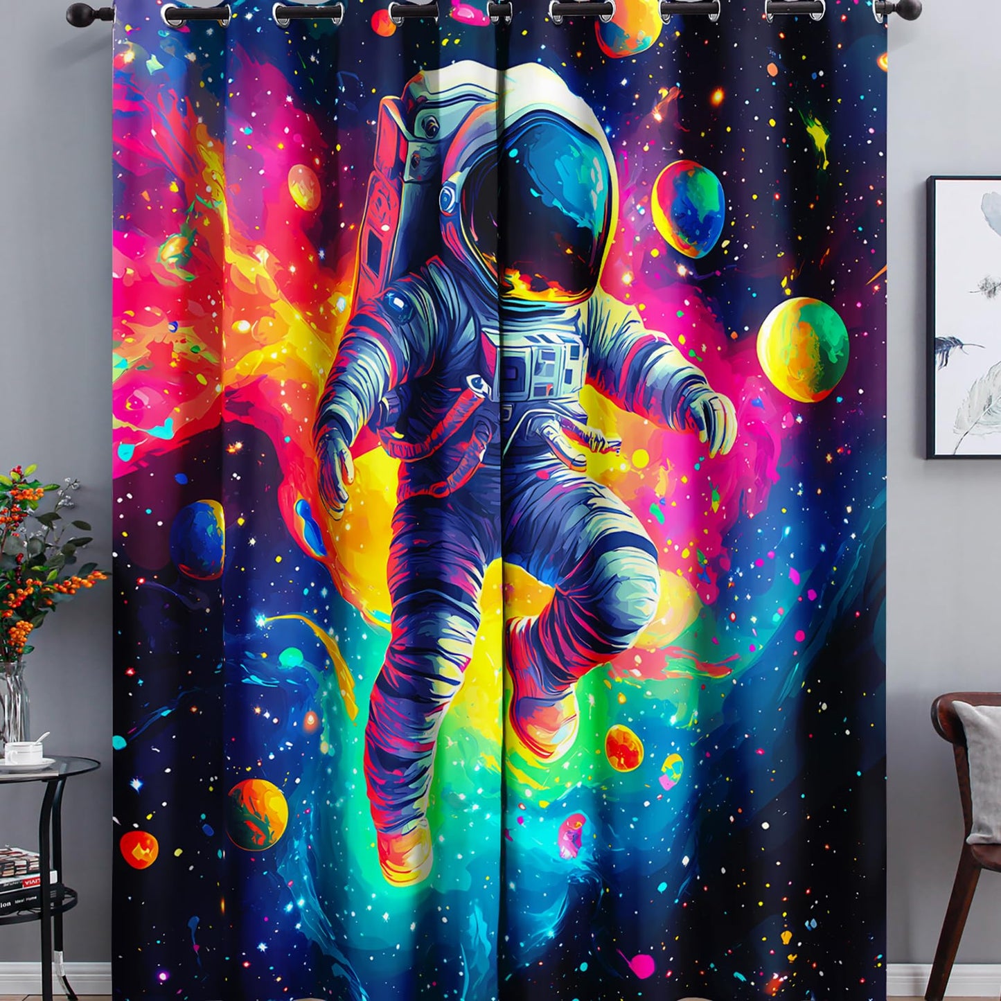 AILONEN 3D Astronaut Curtains for Kids Bedroom, Outer Space Galaxy Window Drapes for Boys Girls, 52" W x 84" H Blue Black Space Theme Grommet Curtains 2 Panels