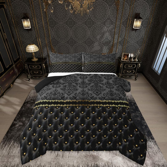 jejeloiu Black and Gold Damask Adults Comforter Set Gothic Antique Victorian Baroque Bedding Set with 2 Pillow Cases Jacquard Queen Bedclothes Bohemian Exotic Vintage Floral Bedroom Decor Duvet Quilt