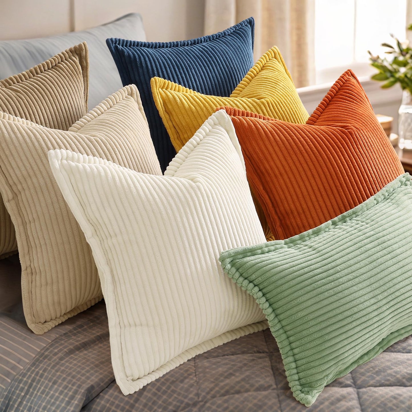 decorUhome Fall Corduroy Sage Green Euro Sham Throw Pillow Covers 22x22 Set of 2 Decorative Soft Boho Farmhouse Couch Pillow Covers for Living Room Bed Sofa Broadside Striped Pillow Cases