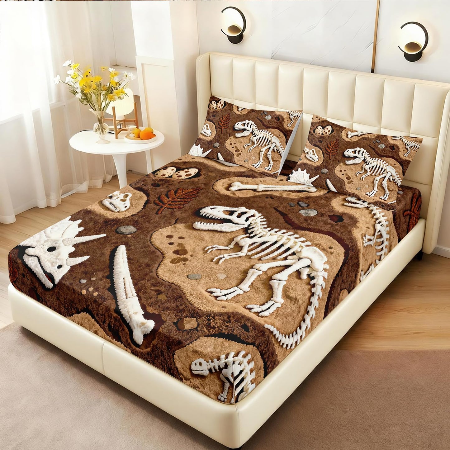 AILONEN Dinosaur Skeleton Print Twin XL Fitted Sheet Set for Kids - Boys Microfiber Sheets Set with Fossil and Bone Design for Dinosaur Lovers,2 Pillowcases