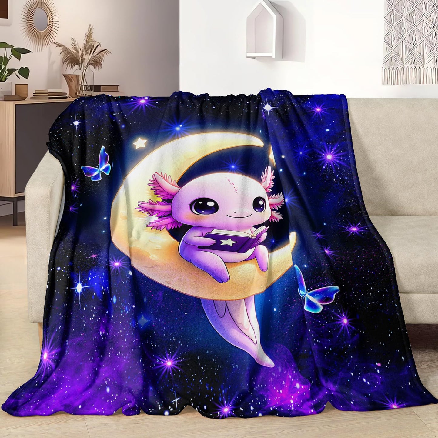 HOSIMA Kawaii Axolotl Blanket for Kids,Axolotl Sitting on Moon Reading Book,Butterflies Pattern Aesthetic Flannel Galaxy Blanket for Girls Sofa Bedroom Decor,59L*47W.