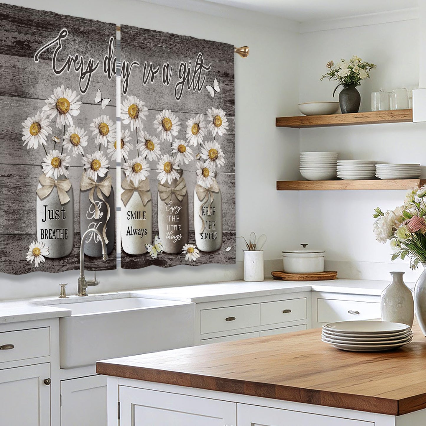 Cizuug Farmhouse Daisy Kitchen CurtainsRustic Vintage Flower Inspirational Small Short Cafe Window Curtains Wooden Country Quotes Bathroom Tier Window Treatment Drapes 2 Panels
