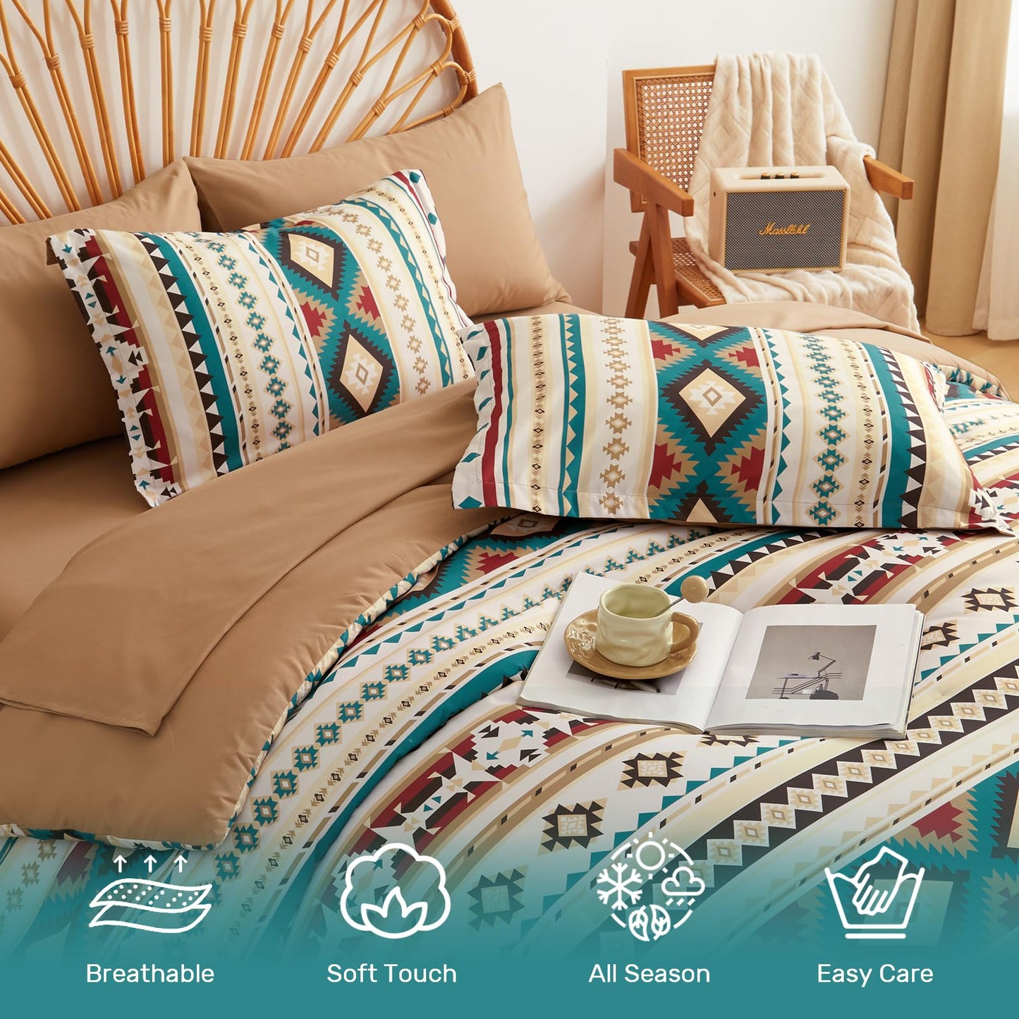 Dinjoy Queen Size Comforter Set Beige, 7 Pieces Boho Aztec Bed in a Bag Lightght Comforters Bedding Set with Sheets & Pillow Shams, Bohemian Geometric Striped Pattern All-Season