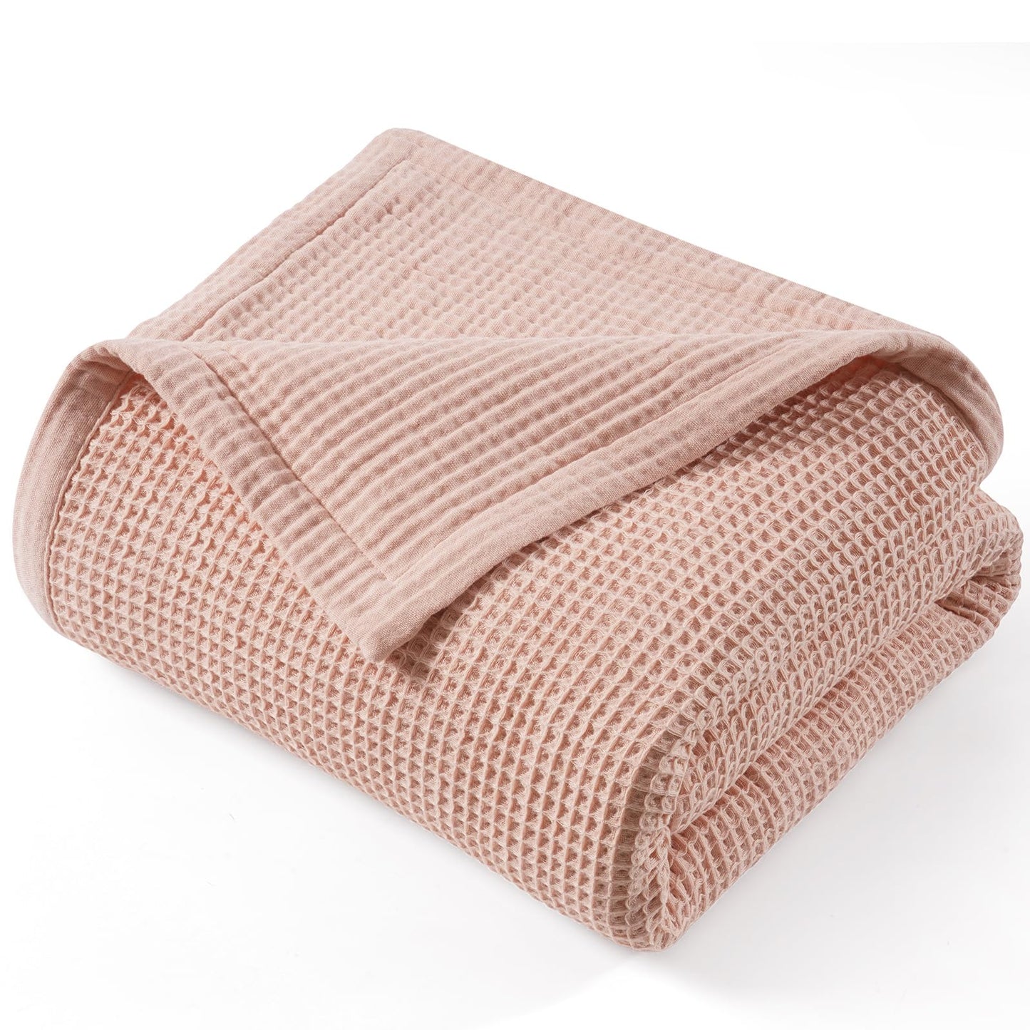 PHF 100% Cotton Waffle & Muslin Blanket Queen Size, Soft Breathable Luxury 400GSM Versatile Reversible Bedding for Bed, Great for Layering in Cold Weather, Home Decor Gift, 90" x 90", Rose Smoke