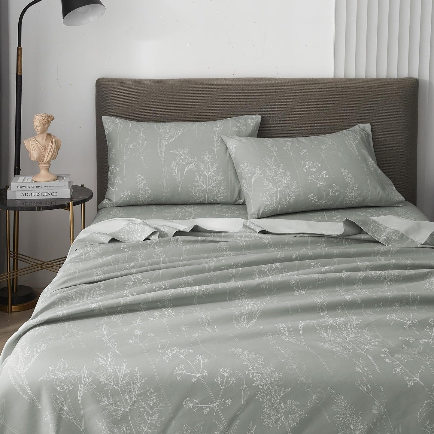 HYPREST Floral Bed Sheets, 18 Inch Deep Pocket Queen Sheets Ligh Grey Patterned Sheets Soft Luxury Cooling 1800 Thread Count