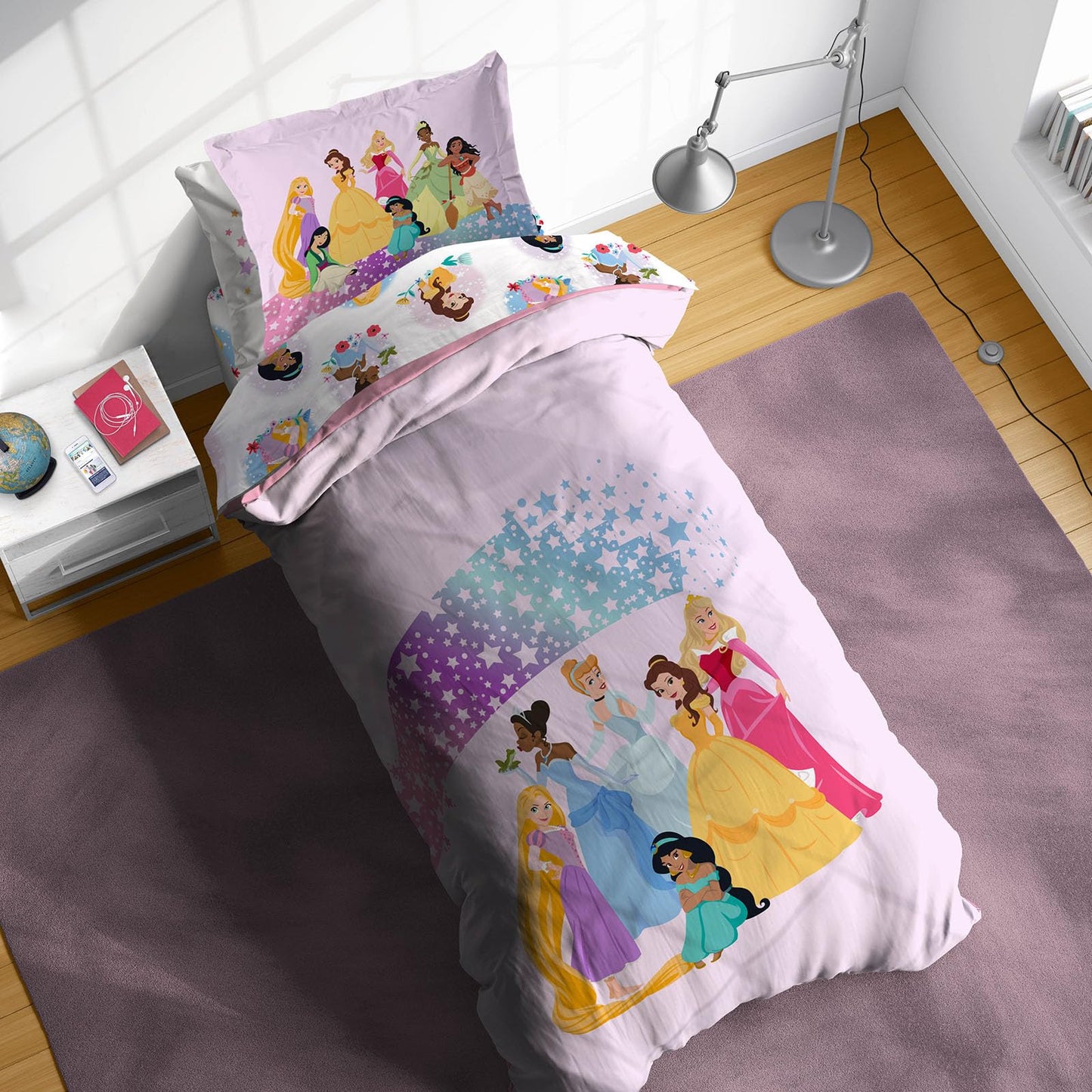 Disney Princess Twin Comforter Set - 5 Piece Kids Bedding Includes Comforter, Sheets & Pillow Cover - Super Soft Rainbow Stars Microfiber Bed Set