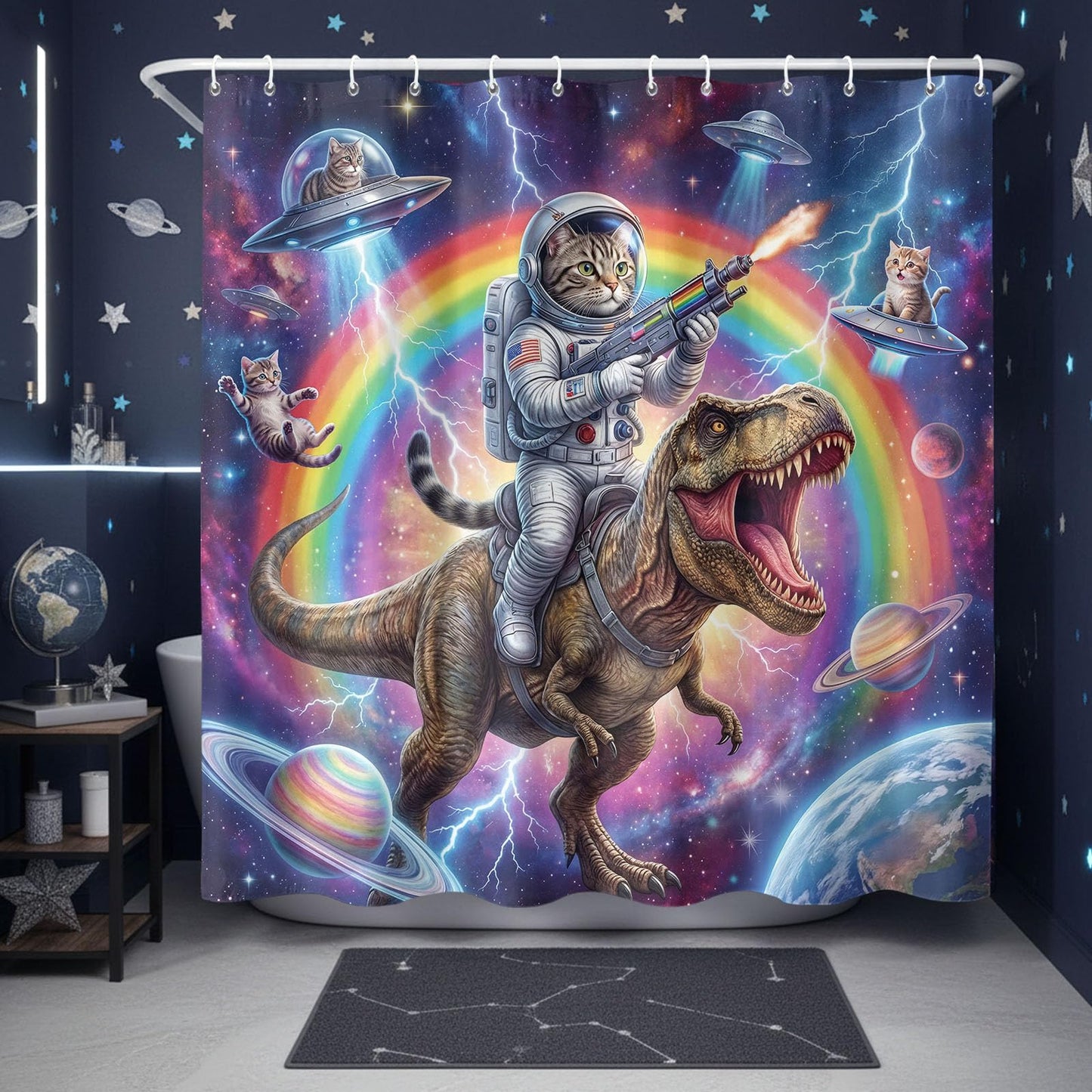 Lifeel Funny Cat Dinosaur Shower Curtain, Rainbow Laser Space Galaxy UFO Lightning Cool Meme Bath Curtain Set with Hooks Waterproof and Washable, 72 x 72 Inches