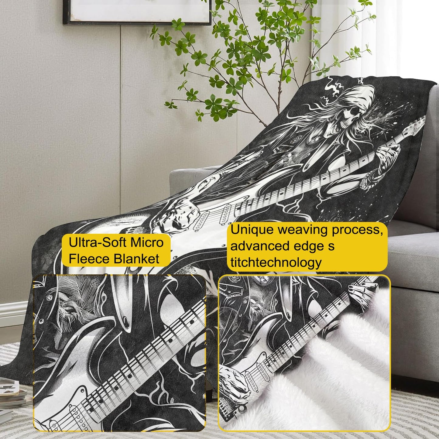 VANZEV Rock Guitar Skeleton Throw Blanket Gifts, Soft Cozy Fleece Blanket with Edgy Skull and Guitarist Print, Blanket for Couch Bed Sofa, Perfect for Music Lovers and Rock Fans, 50x60 in
