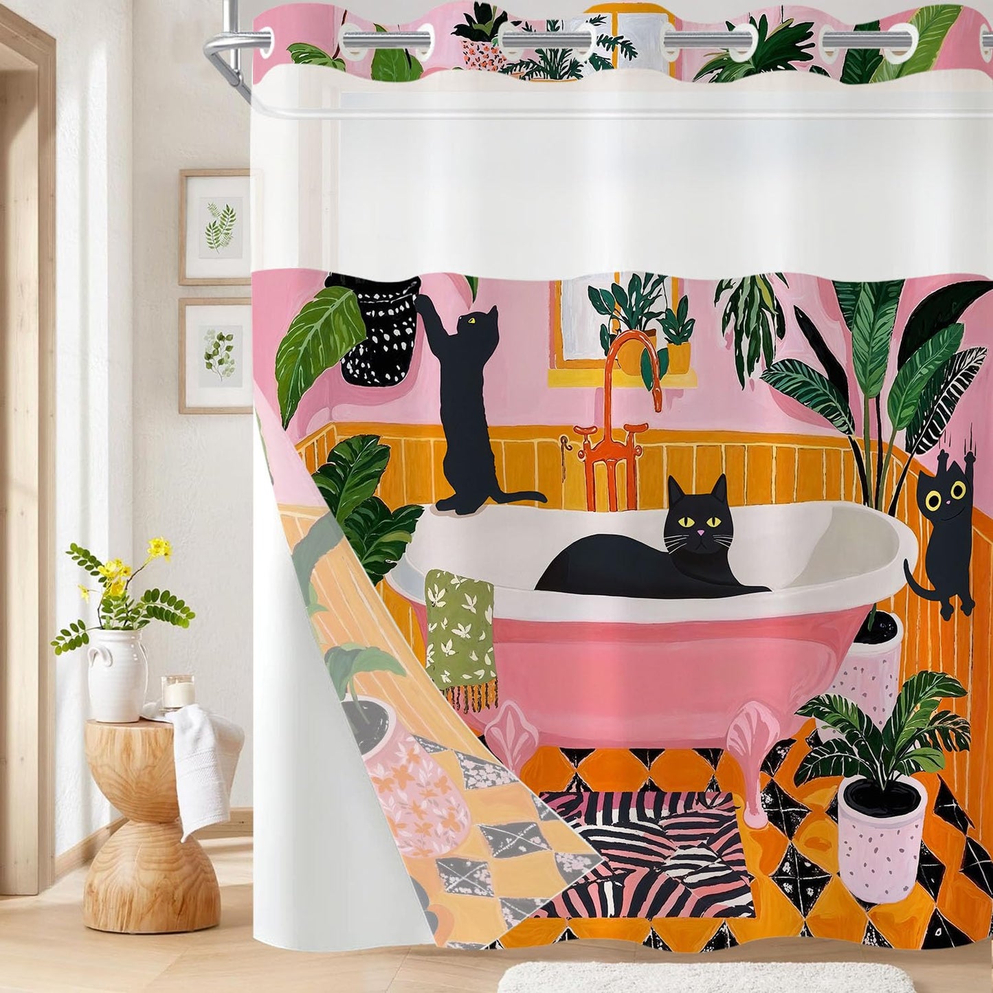 Fowocu No Hook Shower Curtain with Snap in Liner Funny Cat Shower Curtains for Bathroom Boho Cute Black Cats Matisse Green Tropical Plant Pink Orange Waterproof Fabric Bath Curtain Decor 71×74In