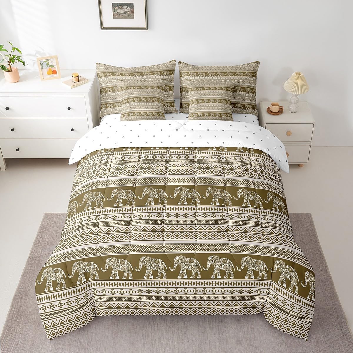Feelyou Bohemian Elephant 7 Piece Bedding Set Full Size for Kids Boys Girls Teens Toddler Boho Exotic Style Comforter Set with Sheets Brown White Stripe Bed in a Bag Ethnic Elephant Print Bed Set