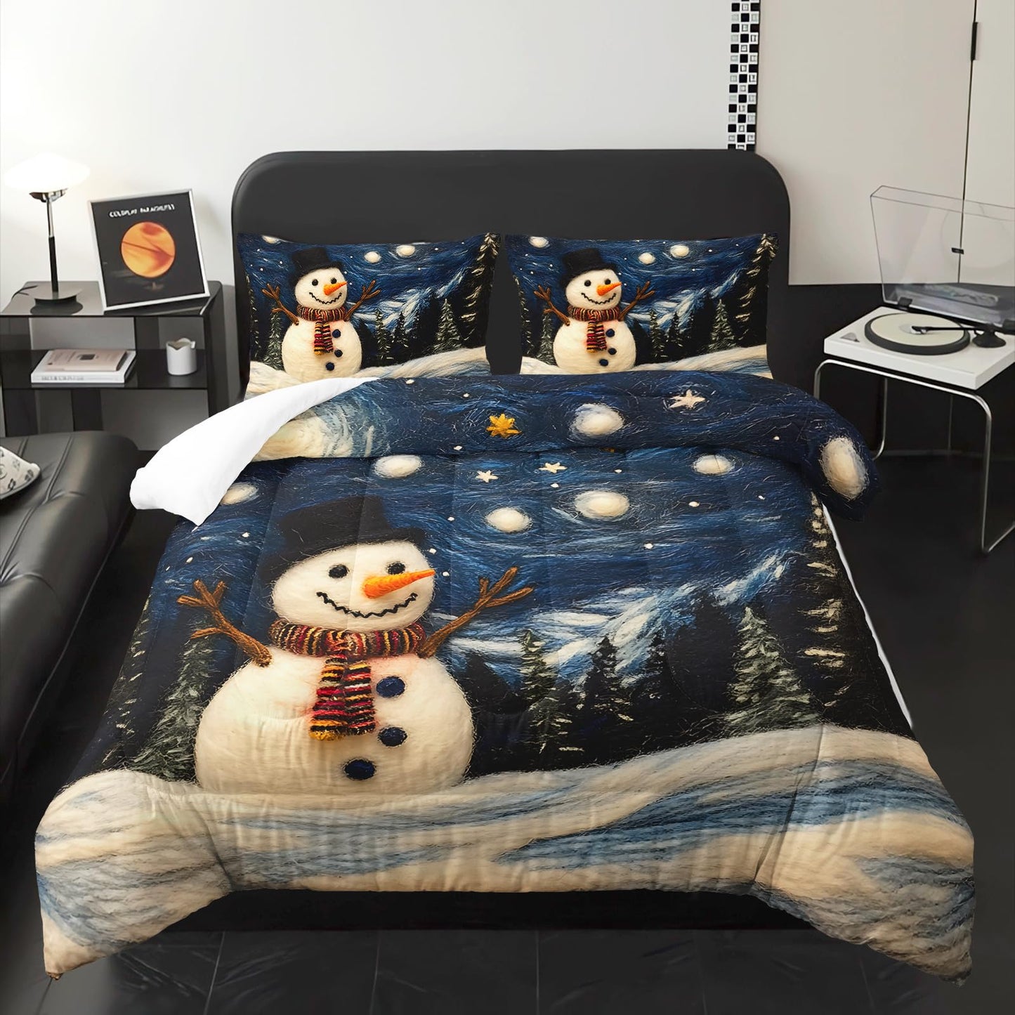 XYNHML Cartoon White Snowman Theme Comforter 3Pcs Twin Starry Sky Night Cedar Snowfield Bedding Set for Kid Teen Girl Boy Teen Adult Moon Star Snowflake Quilt Bed Decor with 1 Comforter+2 Pillowcases