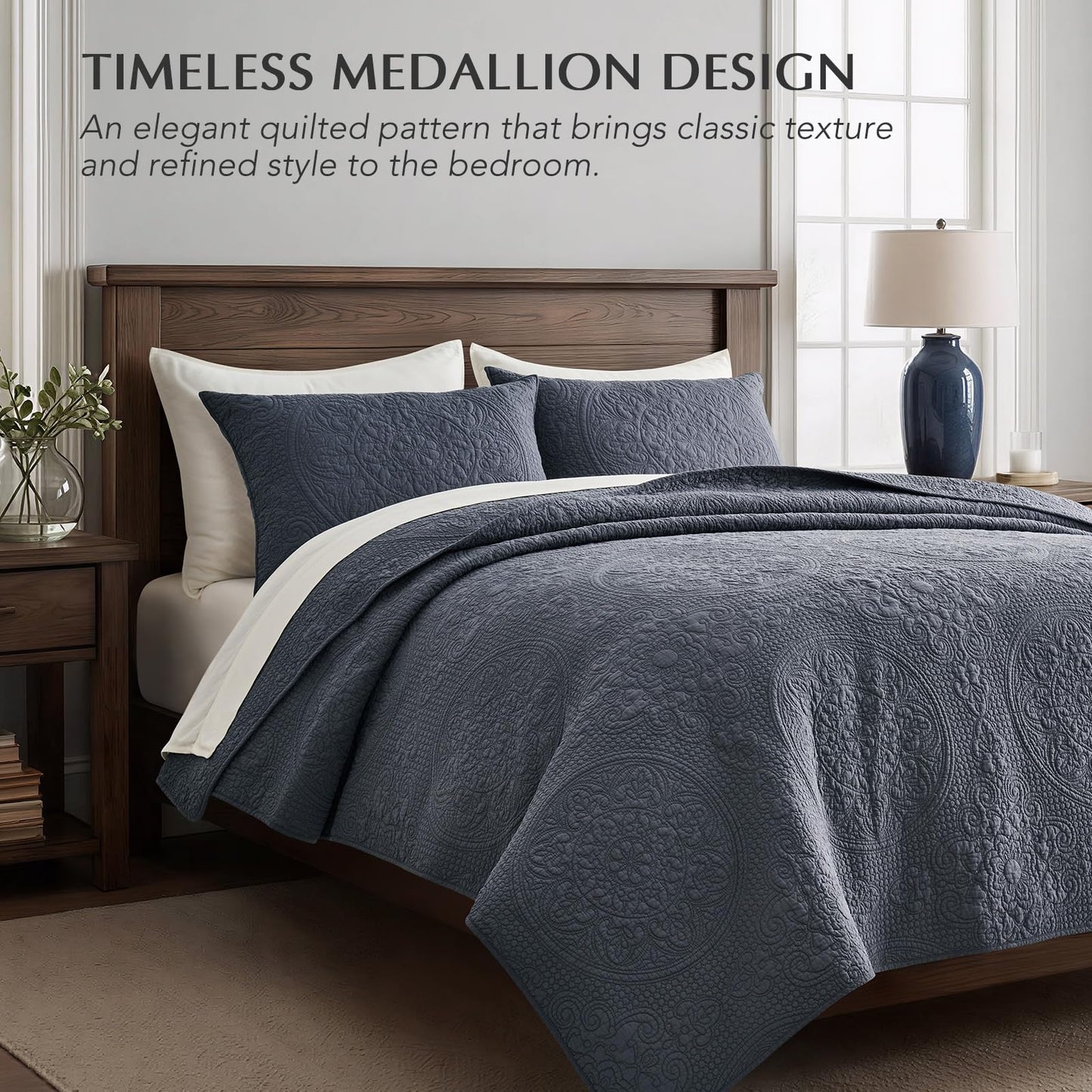 EverGrace Medallion Stitch Cotton Quilt Set King Size, 3-Piece 100% Cotton Quilted Bedspread Coverlet Bedding Set with Pillow Shams, Oversized Lightweight Soft & Breathable All-Season, Indigo Blue