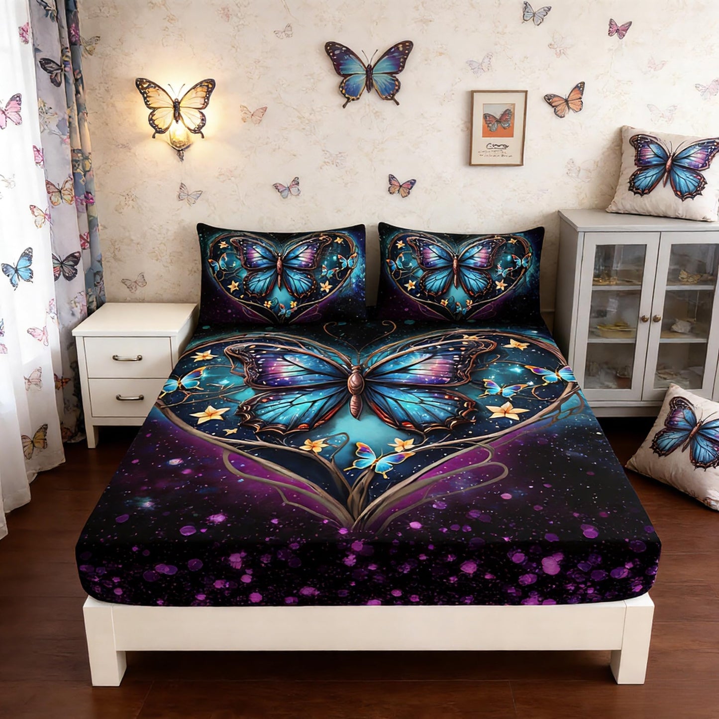 UEVBF Aesthetic Butterfly Bedding Twin Fitted Sheet,Romantic Love Flower Glitter Bed Fitted Sheet for Kids Teens Girls Room Decor,Blue Butterfly Fitted Sheet Sets,1 Fitted Sheet+2 Pillowcases.