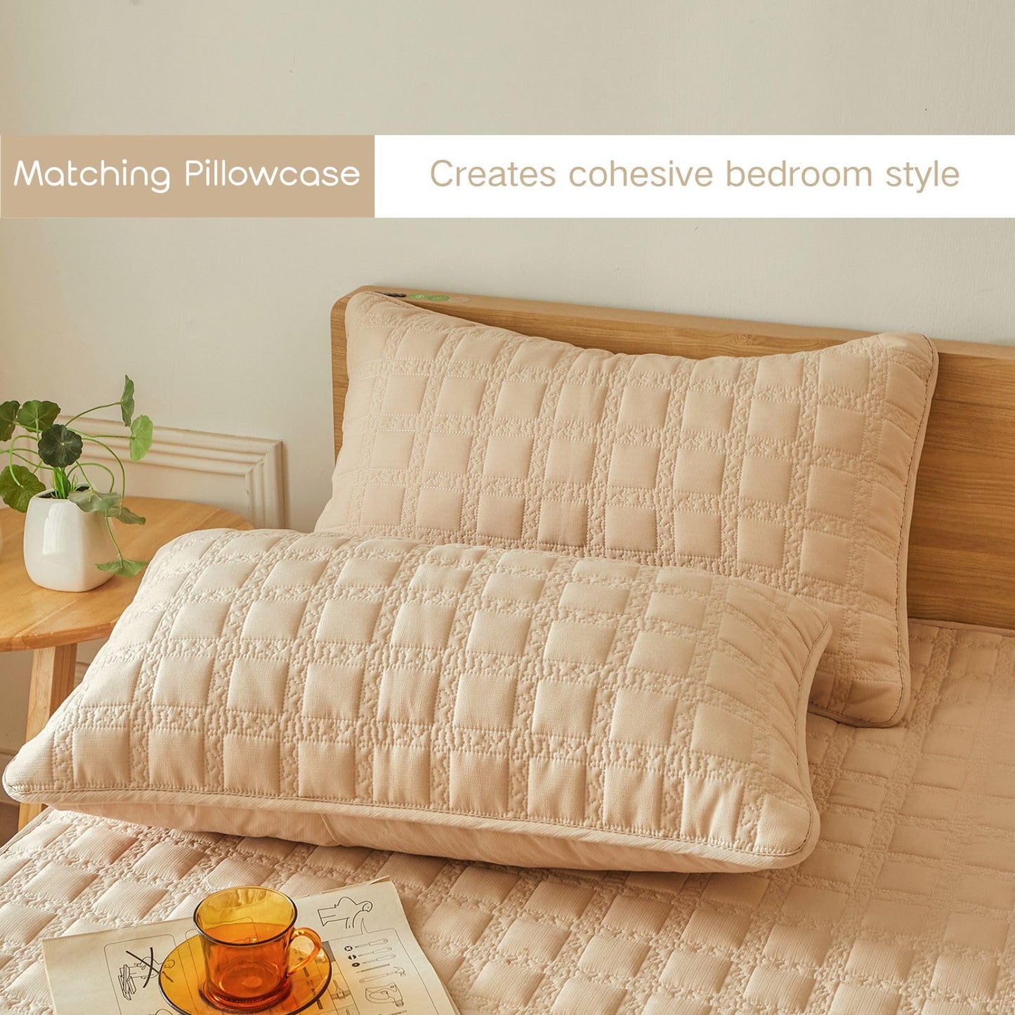 ZIQINPSQ Gingham Fitted Sheet Queen Size, 18" Deep Pocket Breathable Quilted Cotton Bed Sheet, Non-Pilling Wrinkle Resistant All-Season Mattress Cover with Pillowease, Khaki