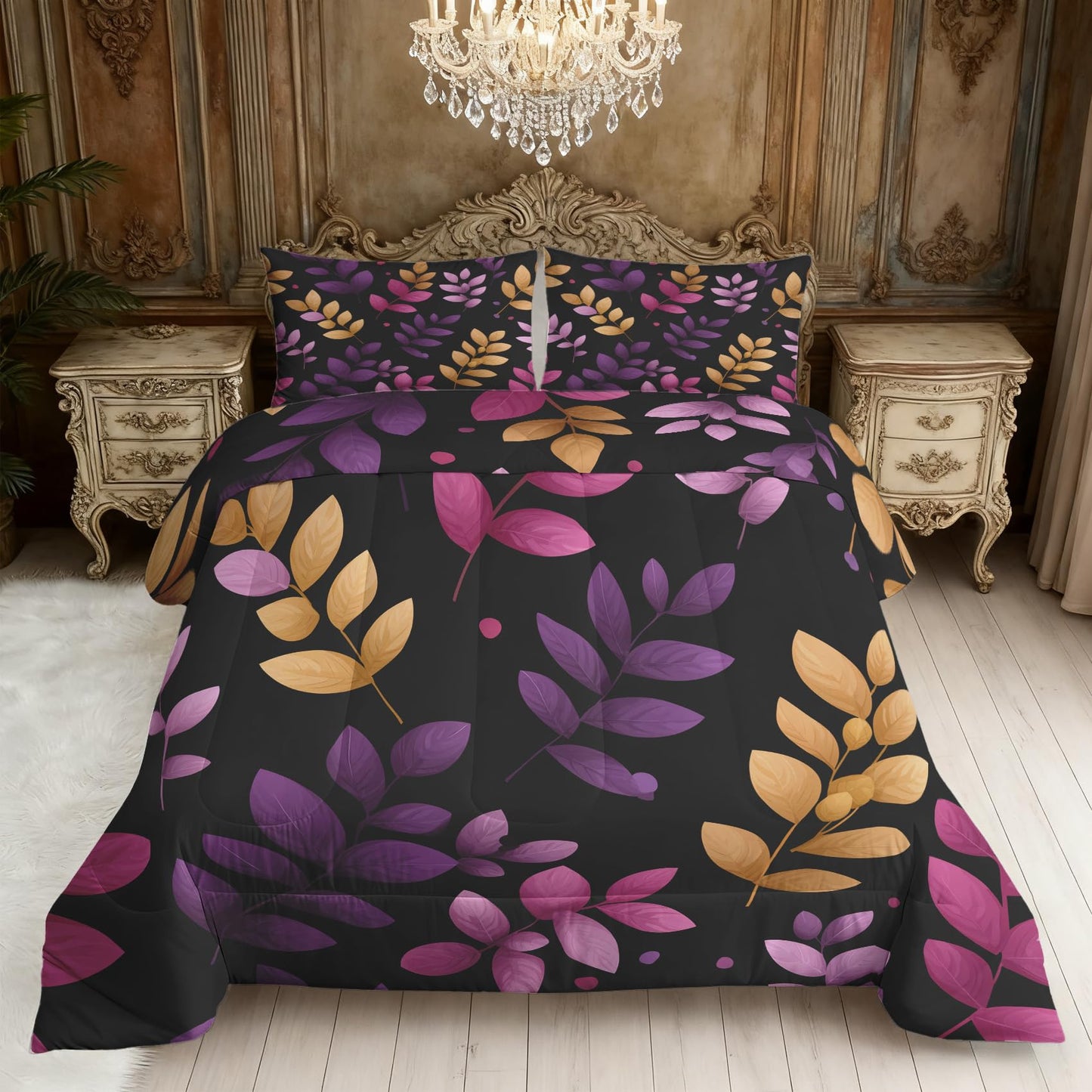 Flumoxa Branch Comforter Set King, Purple Yellow Leaf Comforter Down Alternative All Season Bedding, Branch Bed Sets King Size with Pillowcase, Bedroom Decor