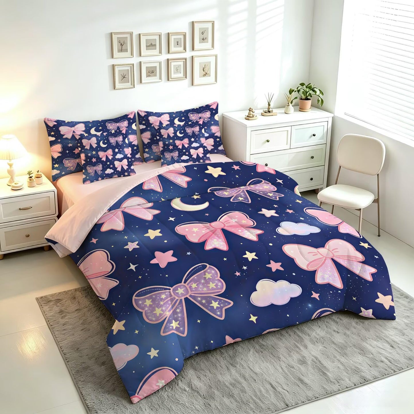 FUYEUN Pink Bow Dark Blue Night Sky 7 Piece Twin Comforter Set for Girls