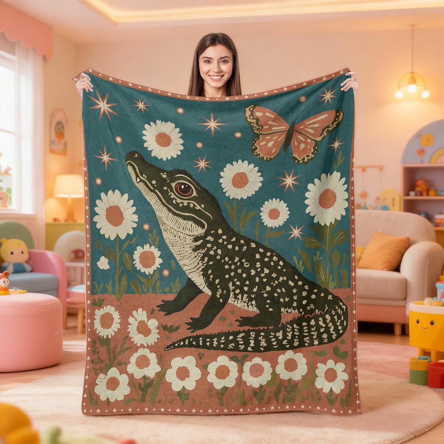 kampdream Retro Print Flannel Blanket Throw, Super Soft Cozy Nap Throws, Crocodile with Daisy and Butterfly Print Blanket for Sofa Travel and Camping, for All Seasons 50"x60" inch Red