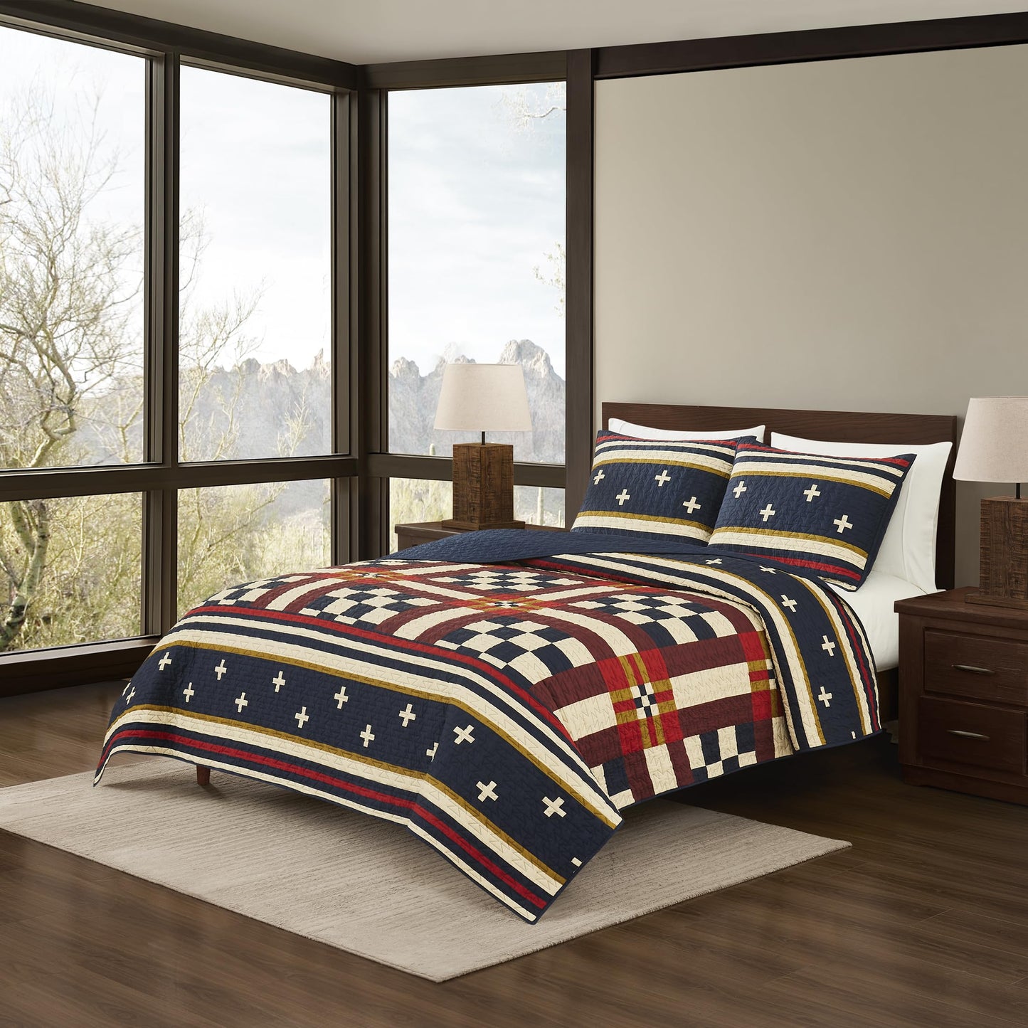 Pendleton Full/Queen Quilt Set – 100% Cotton 3 Piece Quilt Set with Shams, Soft Lightweight Bedding for Queen Size Bed, Blue & Tan Comforter Alternative, Queen Bedding Set (Scout Stripe)