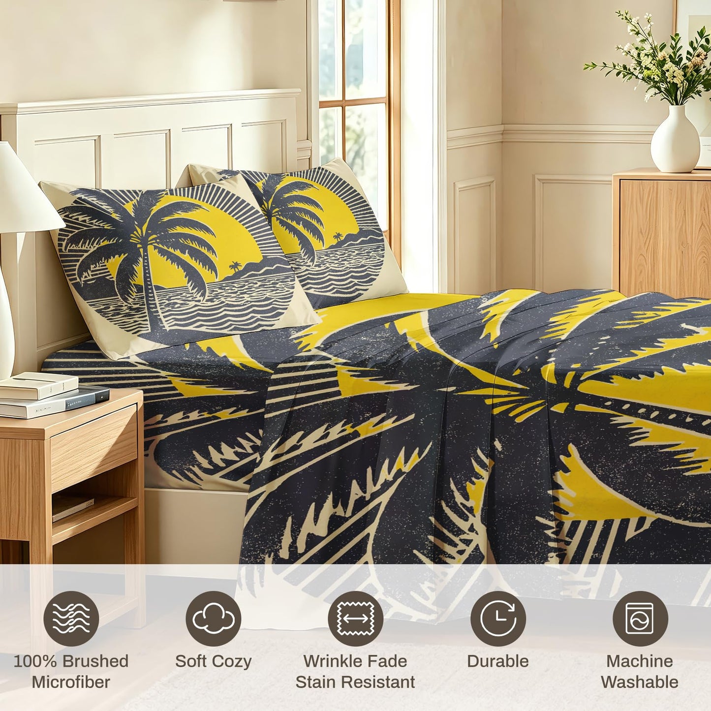 Tropical Palm Tree Bedding Set 4 Pcs Retro 70s Tiki Queen Sheets