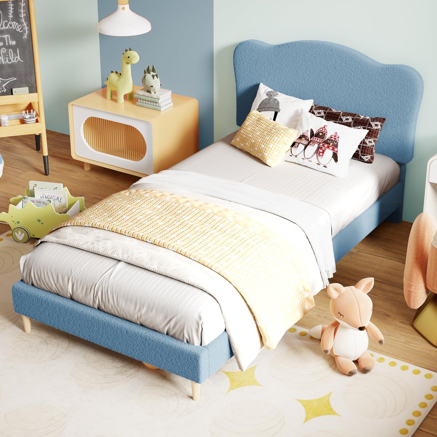GarveeHome Upholstered Full Size Bed Frame for Kids with Scallop Headboard, Cute Velvet Full Bed for Girls, Boys, Sturdy Platform Bed, No Box Spring Needed, Wooden Slats, Noise Free, Blue