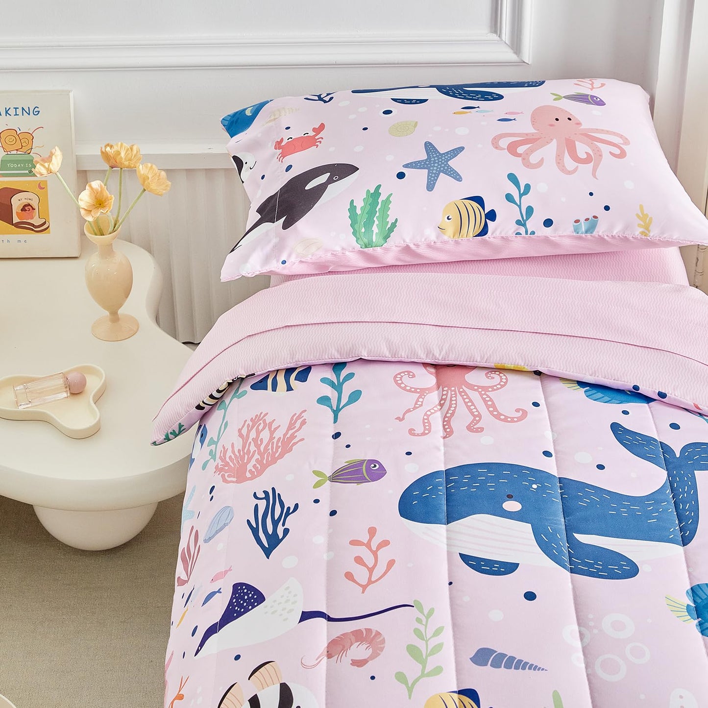 Joyreap 4 Piece Toddler Bedding Set for Girls- Ocean Theme Pink Design, Microfiber Toddler Bedding Comforter Set for All Seasons