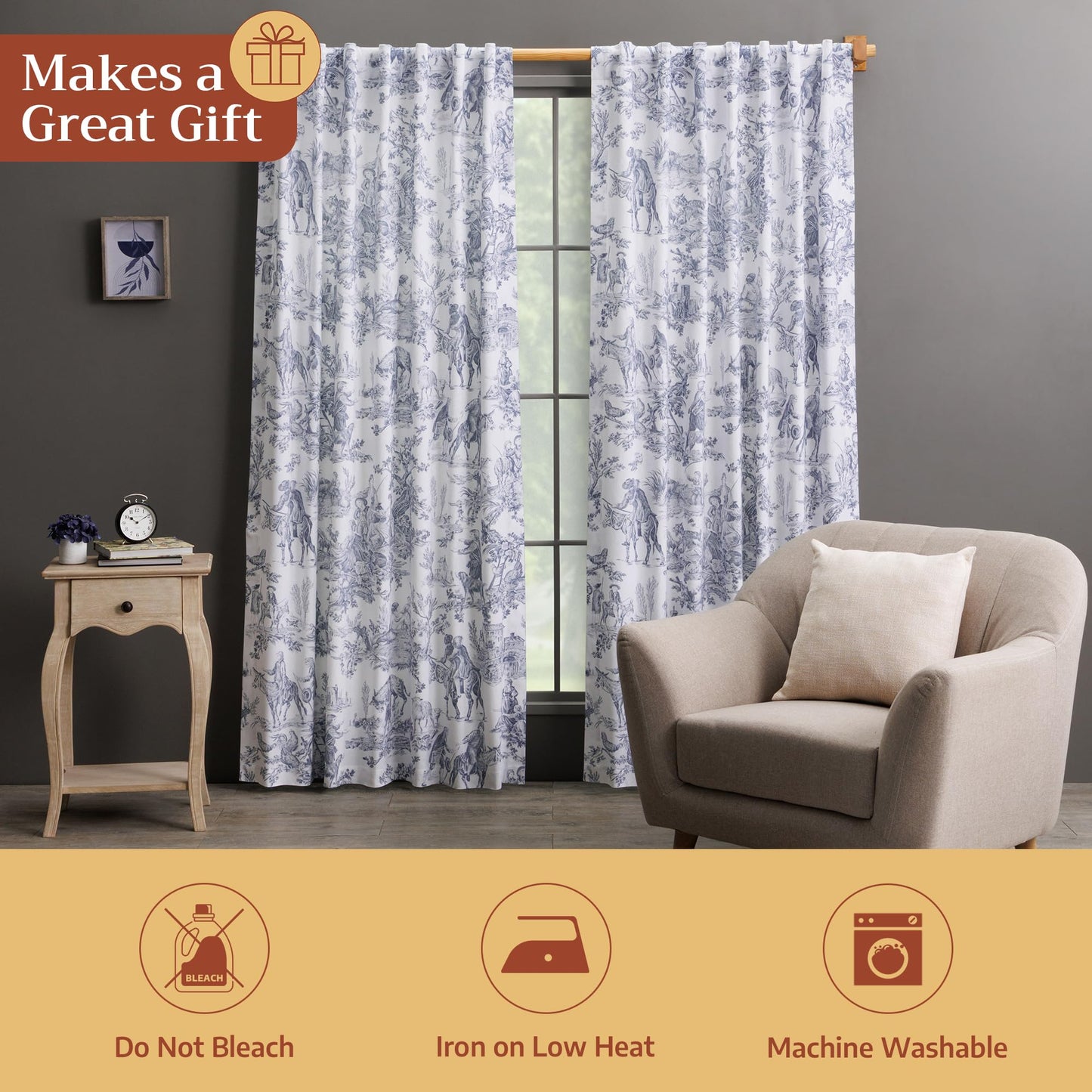 Maison d' Hermine Curtains for living room 100% Cotton 96 inch length One Panel Light Filtering Toile Curtains for Bedroom with rod and loop Pockets (The Miller Blue (White Background), 50"W x 96"L)