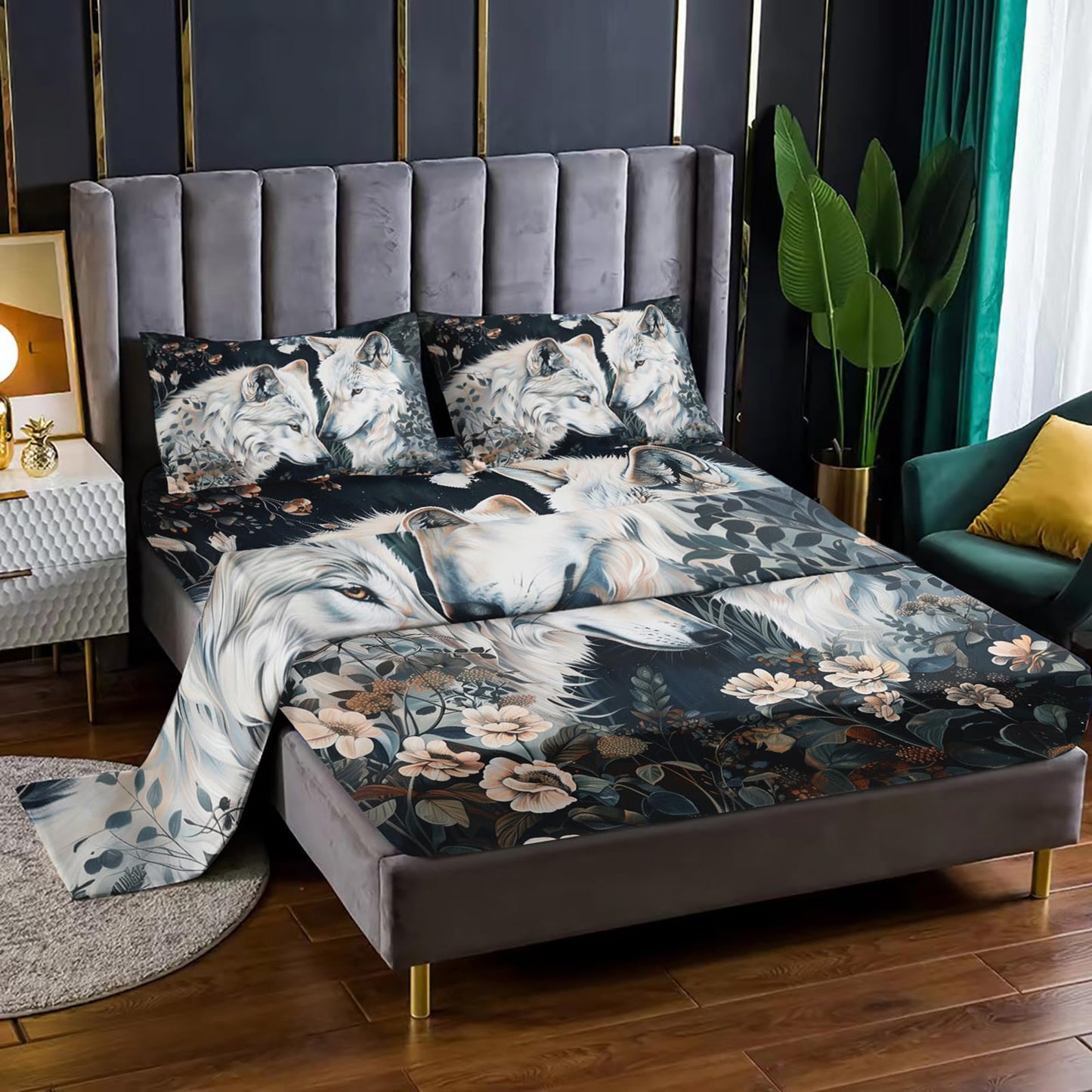 White Wolf Bedding Set Queen Size，Boho Animals Wolf 3D Pattern Bed Sheet Set 16" Deep Pocket, Wolf bedding set for Boys Kids and Adults，Wolf Theme Bed Sheet Set 4 PCS(Fitted + Flat + 2 Pillowcases)