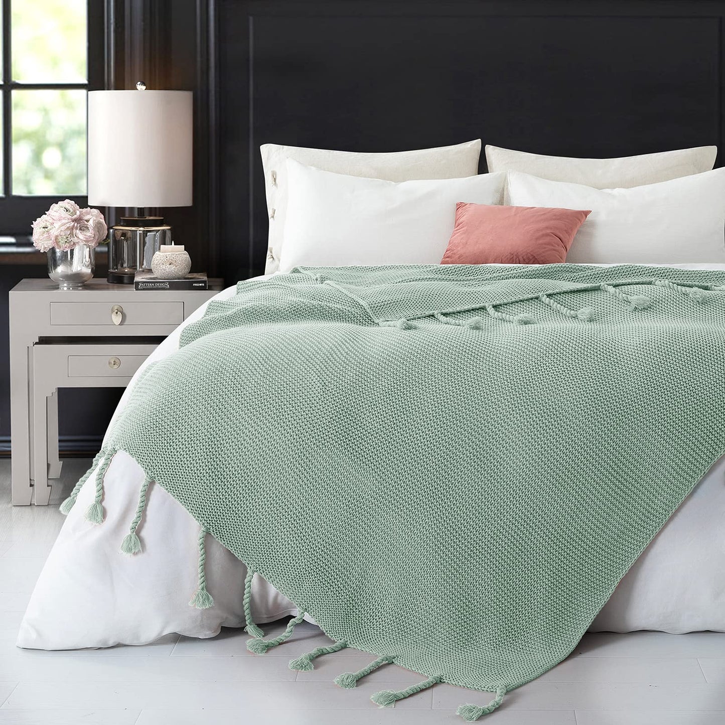 RUDONG M Knitted Throw Blanket with Fringe, Sage Green Knit Throw Blanket for Couch Bed Sofa 50 x 60 Inch