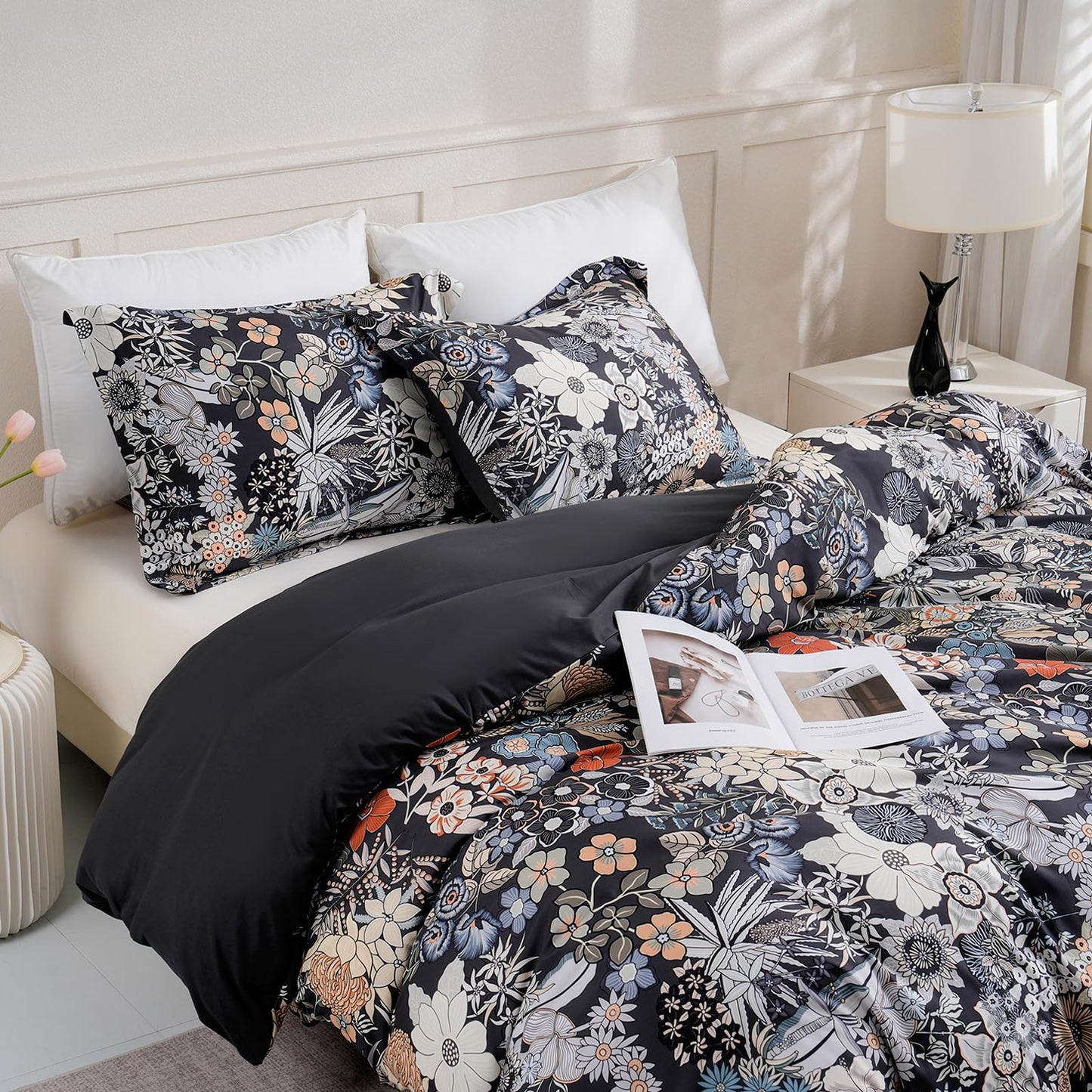 LONAVA Queen Flower 3 Pcs Duvet Cover Set, Breathable Soft Microfiber Black Lining Comforter Cover with Zipper Closure, and 2 Anti-Pilling, Fade Resistant Pillowcases, Midnight Blossoms