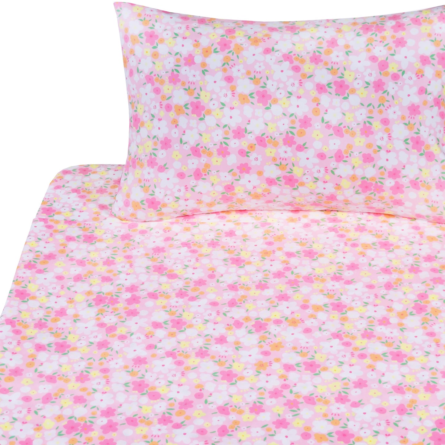 J-pinno Pink Floral Flower Cartoon 100% Cotton Twin 3 Pieces Sheet Set Decoration Kids Boys Girls Children Flat Sheet + Fitted Sheet + Pillowcase Bedding Set