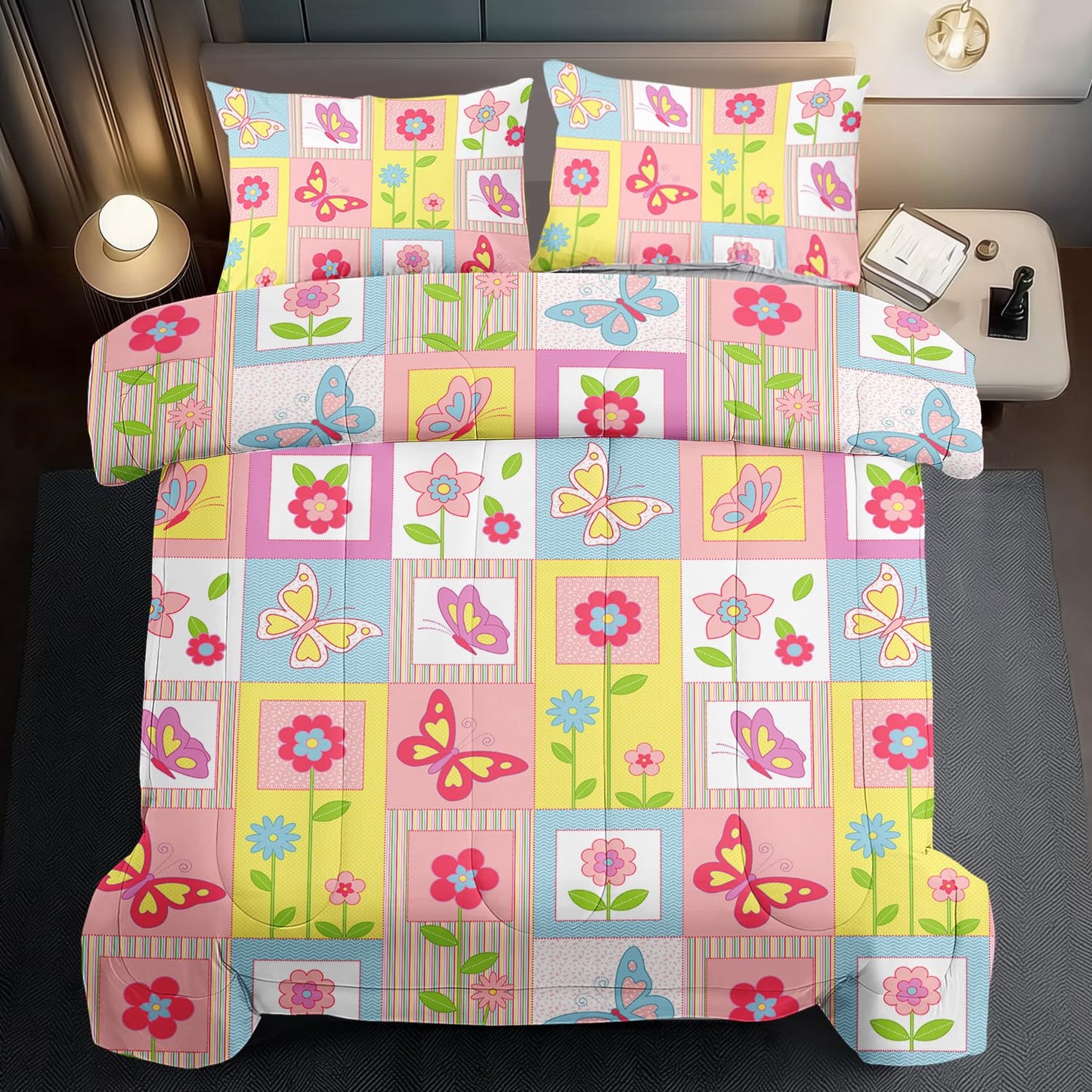 llyxsesty Pink Butterfly Kids Comforter Set King Girls Floral Bedding Set Girls Pink Grid Comforter Kids Quilt Bedroom Decor White Purple Blue Pink Butterfly Bedding Bed Decor