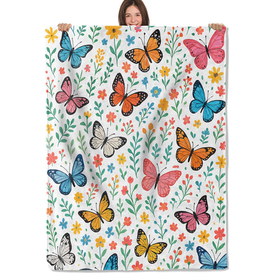 PLKRL Butterfly Floral Blanket, Soft Cozy Lightweight Flannel Throw Blanket for Living Room Bedroom Travel Home, Colorful Watercolor Decor, 50x60 Inch, Insect and Flower Blankets Gifts for Women Girls