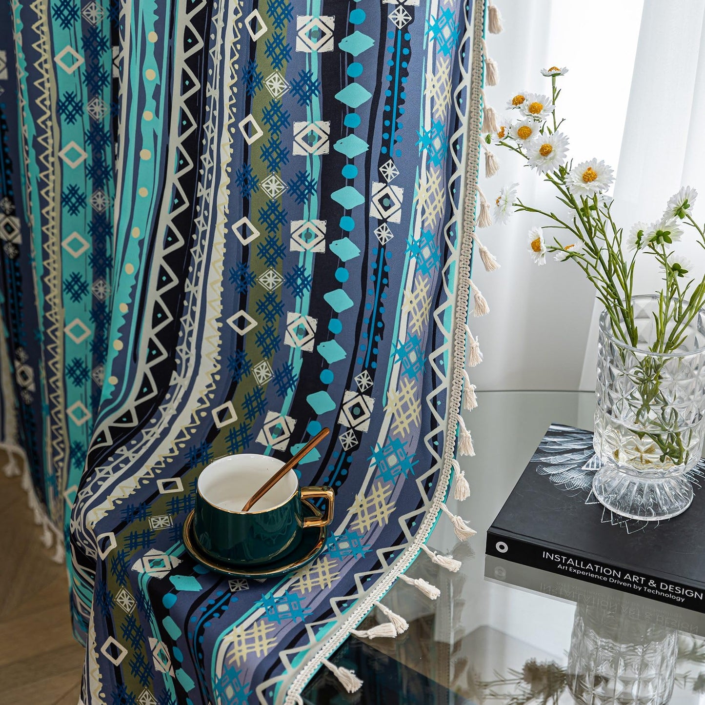 Erbnaryx Navy Blue Geometric Curtains 72 Inches Long, Boho Farmhouse Light Filtering Rod Pocket Drapes with Tassel Trim for Bedroom Living Room, 2 Panels