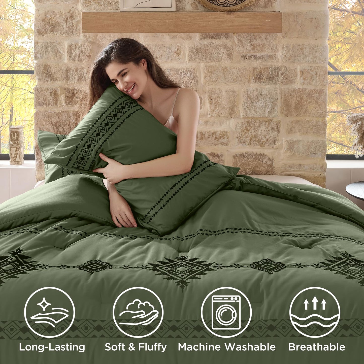Baskbed Embroidered Boho Comforter Set Queen Size, 3-Piece Western Shabby Chic Bedding Set - Fluffy Ultra Soft Microfiber with Intricate Design, Includes 1 Green Comforter(88"x88") & 2 Pillowcases