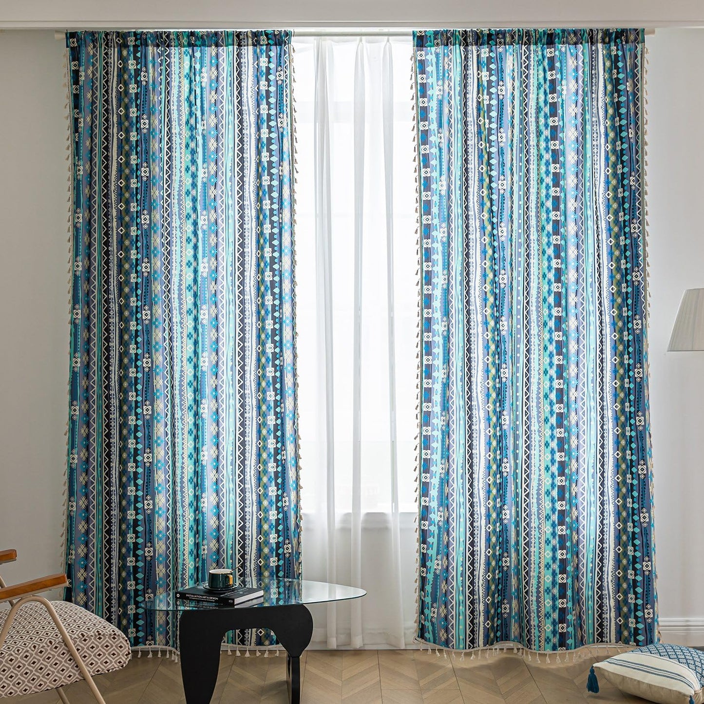 Erbnaryx Navy Blue Geometric Curtains 72 Inches Long, Boho Farmhouse Light Filtering Rod Pocket Drapes with Tassel Trim for Bedroom Living Room, 2 Panels