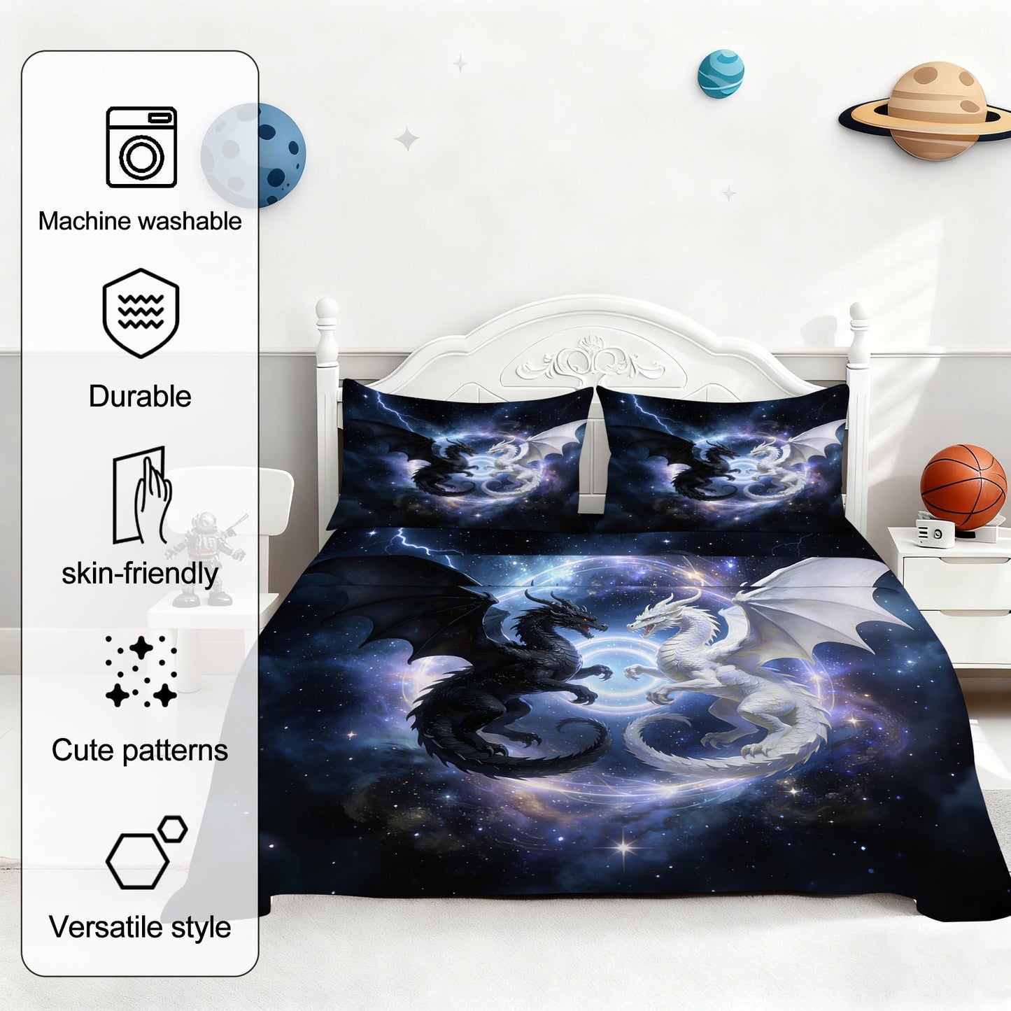 VTKON Black and White Dragon Fitted Sheet Twin Size, Galaxy Dragon Bed Sheet 3Pcs for Boys Kids, Starry Animal Pattern Fitted Sheet Soft Microfiber for Bedroom Decor