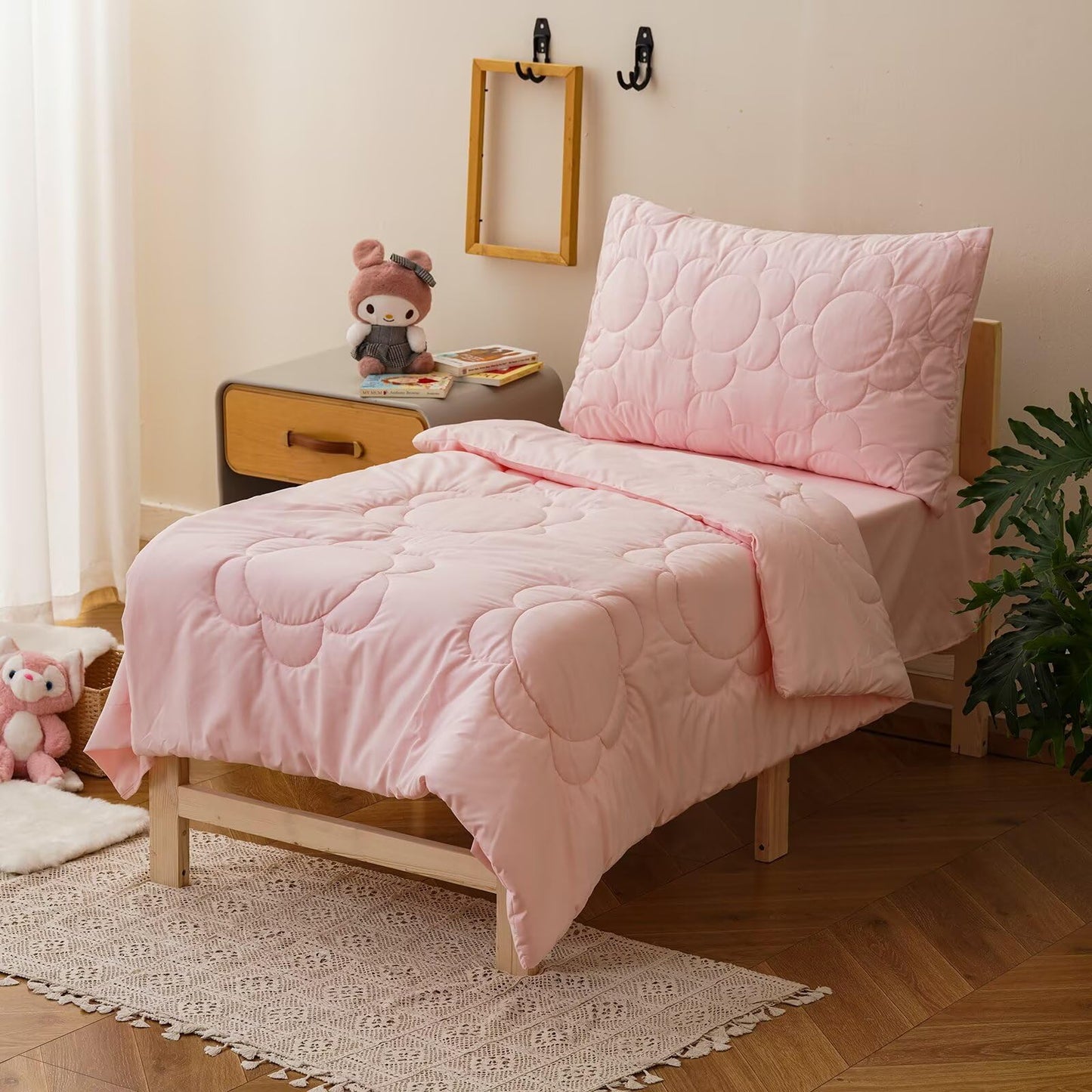 CLOTHKNOW 4Pieces Pink Toddler Bedding Sets for Girls Blush Comforter Sets Daisy Puff Bedding Soft Crib Bed Sets