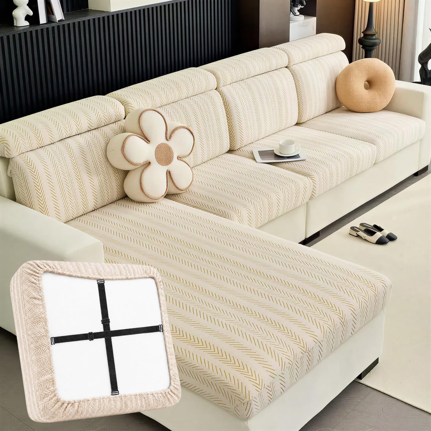 DiiuuAII Couch Cushion Covers, Stretch Anti-Slip Couch Covers for Sectional Sofa with Adjustable Buckle Washable Pet Friendly Furniture Protector(Linen White,2 Seat Cover M)