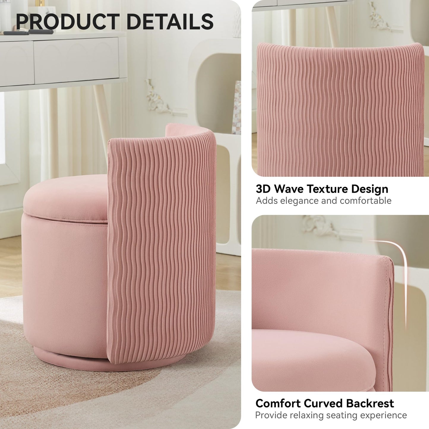 WUTUTUEE Velvet Vanity Chair with Storage, 360° Swivel Makeup Chair with Wave Back, No Assembly Small Accent Stool for Bedroom, Dressing, Living Room, Pink