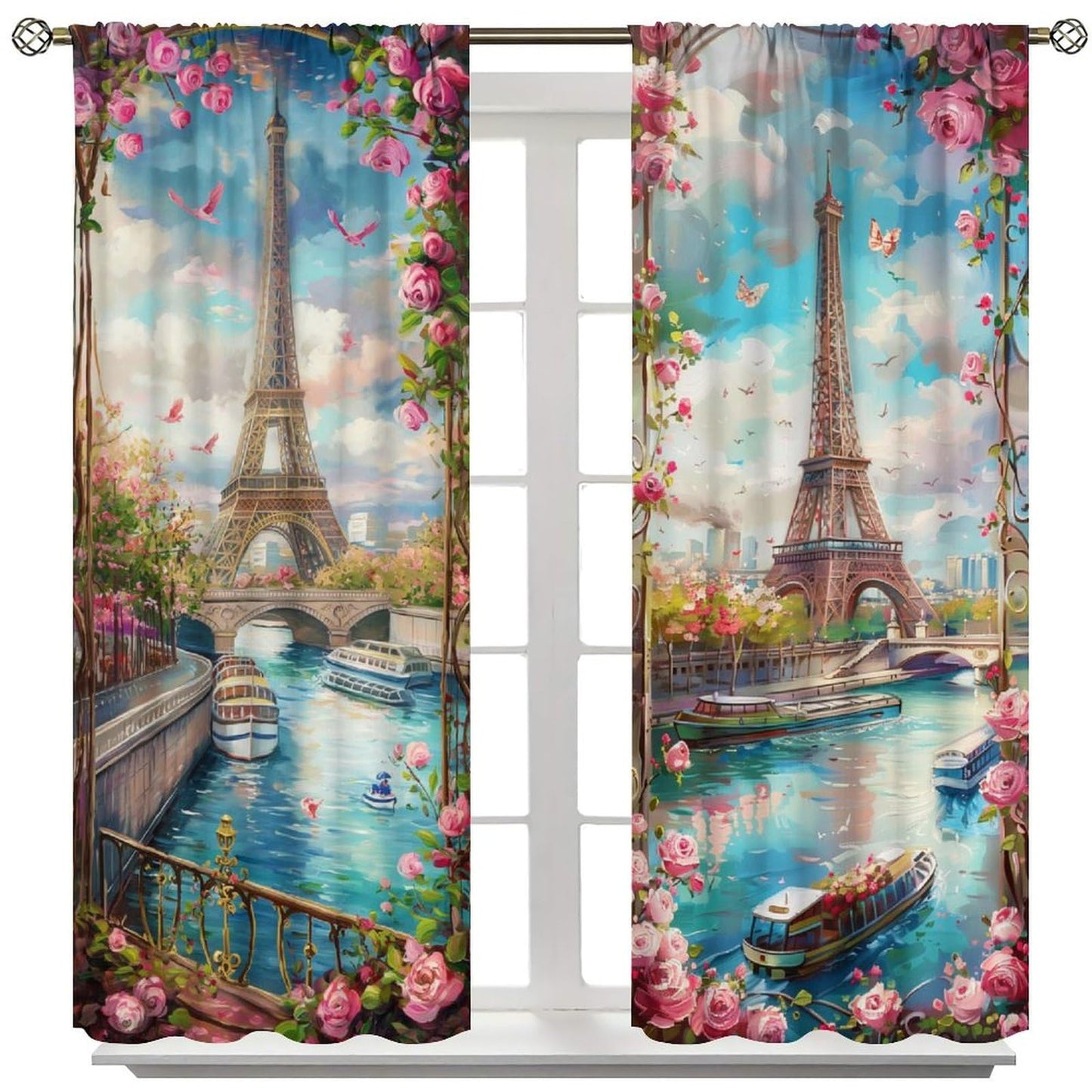 AAVEUP Eiffel Tower Curtains for Girls,Dreamy Pink Flower River Paris European Cityscape Oil Painting Window Treatments for Kids Room Women Bedroom Living Room 41x44.5in