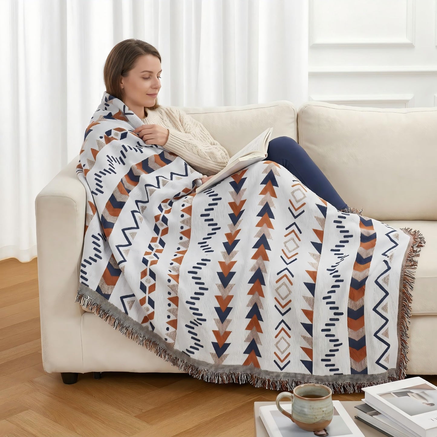 amorus Bohemian Throw Blankets,Throw Blanket Chenille Jacquard Tassels Soft Throws Cover for Couch, Bed,Outdoor Camping Picnic Car Travel Warm & Cozy for Seasons, Pattern VI(63"*71")