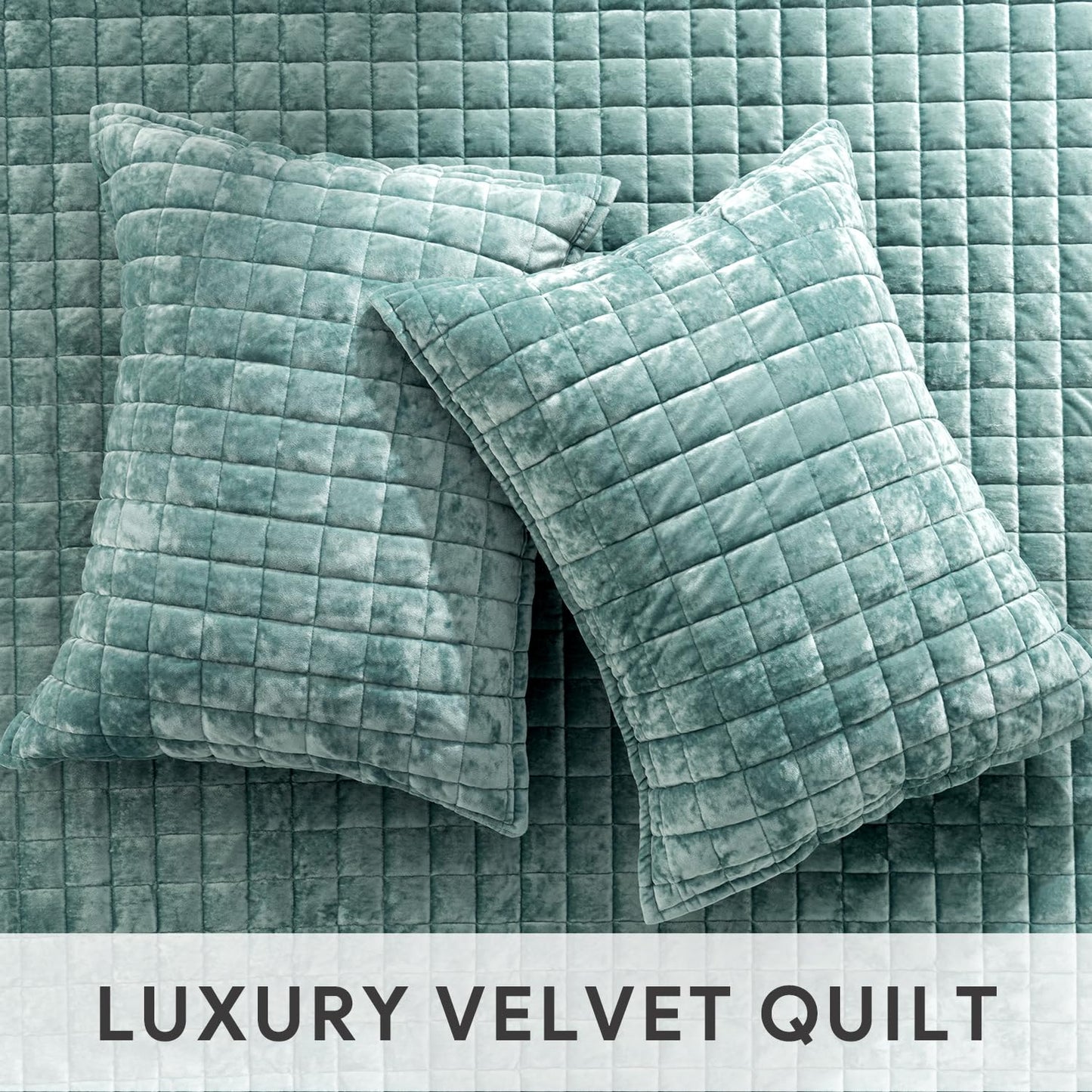 RECYCO Luxury Velvet Quilt Set King Size, Lightweight Velvet Comforter Set, Oversized Bedspread Coverlet Quilted Bedding Set, with 2 Matching Pillow Shams, for All Season, Aqua Green